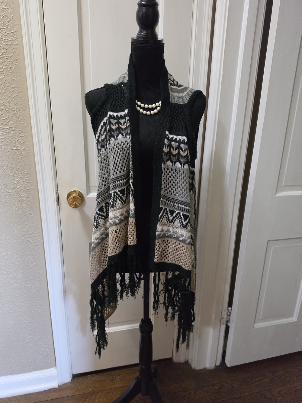 No Boundaries Black, Gray & Tan Fringe Knit Vest